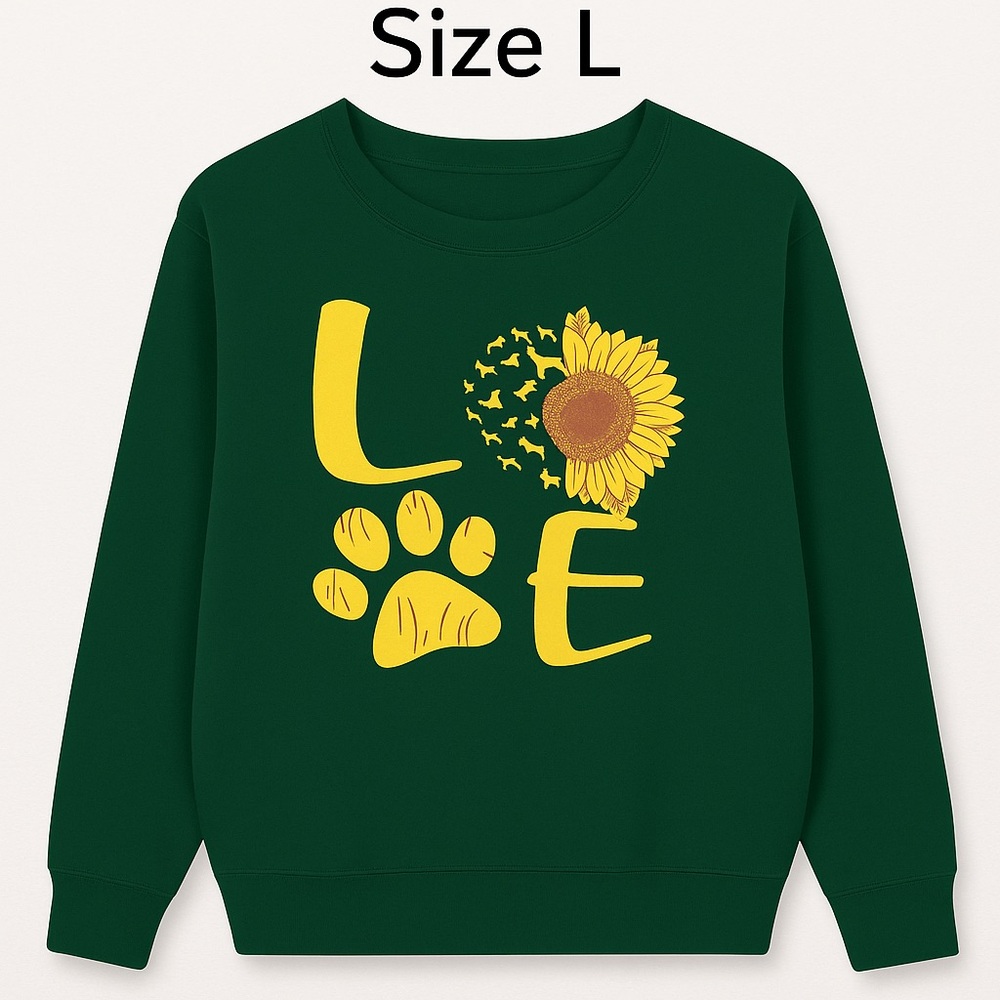 Love Paw Print Sunflower Sweatshirt | Size L | Green Crewneck Dog Lover Gift